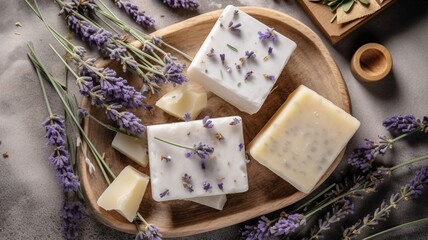 Fototapeta na wymiar three bars of natural soap hand made lavender Generative AI