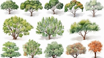 Fototapeta premium Watercolor trees collection Generative AI