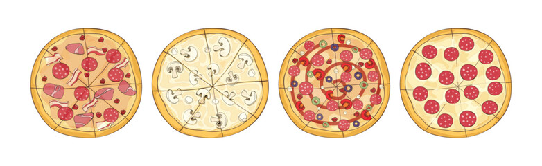 Traditional Italian Pizza of Round Shape Above View Vector Set