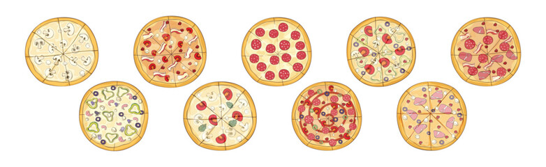 Traditional Italian Pizza of Round Shape Above View Vector Set
