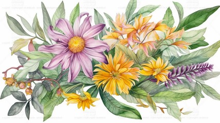 Obraz premium watercolor botanical illustration violet and yellow Generative AI