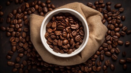 Fototapeta premium Top view of Cup of coffee and coffee beans Generative AI
