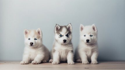 Cute excited Siberian Husky puppies on a minimalistic background. Generative AI