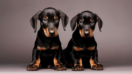 Excited Doberman puppies on a minimalistic background. Generative AI