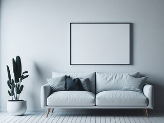 Interior of modern living room with white walls, tiled floor, comfortable white sofa and mock up poster frame. AI generated.