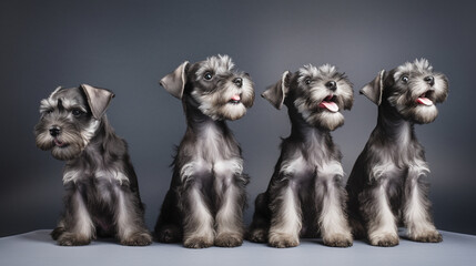 Few cute miniature schnauzer puppies on a minimalist backdrop. Generative AI