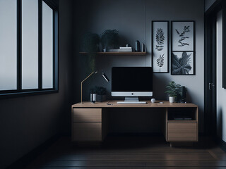 Contemporary office interior with wooden desk and computer. Workplace and lifestyle concept. AI generated.