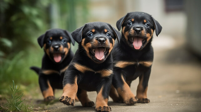 Few cute excited Rottweiler puppies on a minimalistic background. Generative AI