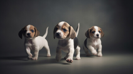 Cute excited beagle puppies on a minimalistic background. Generative AI
