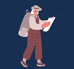 Cartoon vector illustration of Young female traveler in hat with a laggage with map. Traveling concept.