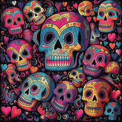 The day of the dead concept illustration with skulls, acoustic guitars, hearts, flowers in bold colors. Generative AI.