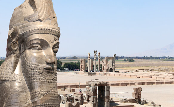 Top view of Persepolis. Aerial view on archeological site, Gate of All Nations (Xerxes Gate) with stone statues of assyrian protective deity lamassu, Persepolis, Iran
