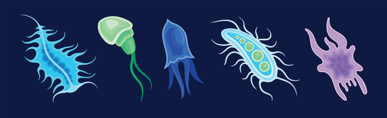 Plankton Water Organism with Tentacles Free Floating on Dark Background Vector Set - obrazy, fototapety, plakaty