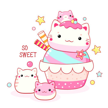 Cute cat-shaped dessert in kawaii style. Cake, muffin and cupcake with whipped cream and berry. Inscription So sweet. Can be used for t-shirt print, sticker, greeting card. Vector illustration EPS8 © frenta