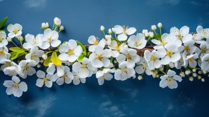 Spring flower border on blue background Generative AI