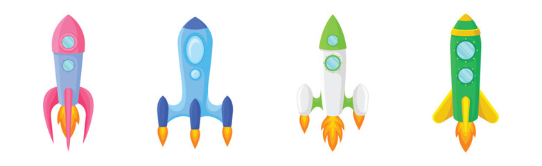 Bright Space Rocket Launching or Starting Up Vector Set