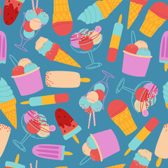 Trendy ice cream vector seamless pattern. Types of dessert.Corn, ice cream on a stick, waffle, bowl. Color minimalistic summer illustration. Ideal for cards, typography and web.