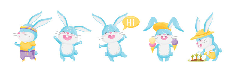 Obraz na płótnie Canvas Cute Rabbit with Long Ears Engaged in Different Activities Vector Set