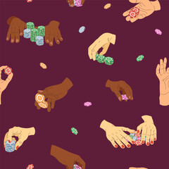 Player hands seamless pattern. Vector illustration of playing chips. All in, bet and tricks. Multicultural casino players. Illustrations for gambling industry. Web banners for online casino