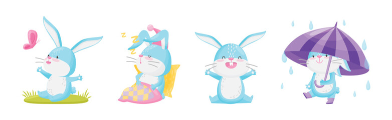 Cute Rabbit with Long Ears Engaged in Different Activities Vector Set