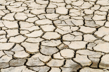 Close up of dry cracked earth on salt flats in Alykes, Greece with copy space, useful as a background