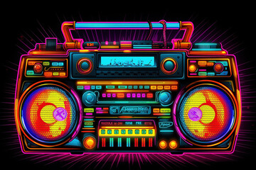 Fototapeta premium Neon psychedelic 1980s' style ghetto blaster with speakers and cassette player. Generative AI.