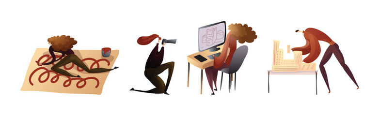 Creative Man and Woman Engaged in Artistic Creative Activity Vector Set