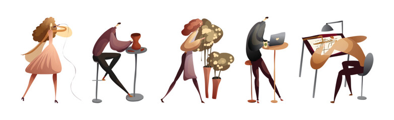 Creative Man and Woman Engaged in Artistic Creative Activity Vector Set