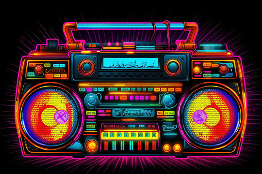 Neon psychedelic 1980s' style ghetto blaster with speakers and cassette player.  Generative AI.