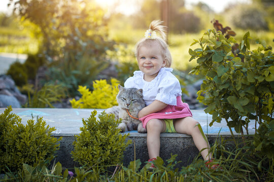 little girl with her cat in the summer garden