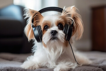 A smiling dog listens to music with headphones with pleasure. Generative AI illustration.
