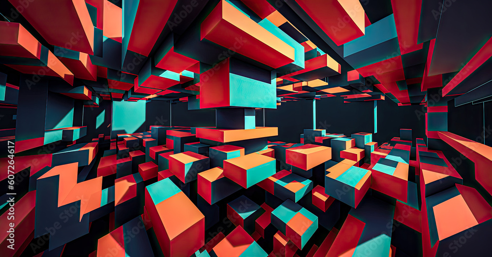 Poster abstract background 3d geometric shapes. composition with red and cyan geometric shapes. 3d bright a