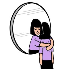 cartoon girl hugging herself in front of the mirror to cheer up and comfort herself