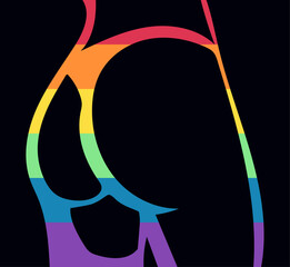 One line silhouette of a female buttocks in rainbow colors. The illustration can be used as a poster, sticker, print.