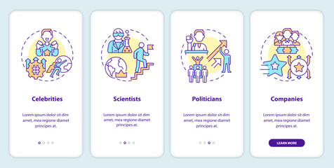 Trendsetters onboarding mobile app screen. New trend. Opinion leader walkthrough 4 steps editable graphic instructions with linear concepts. UI, UX, GUI template. Myriad Pro-Bold, Regular fonts used