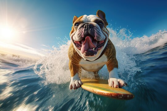 Image of a happy English Bulldog surfing on a surfboard at the beach on a sunny day.