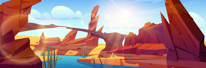 River in rock desert cartoon landscape background. Dry sand land and canyon valley in national utah park with boulder stone. Ancient arch and cliff formation near water panoramic summer illustration.