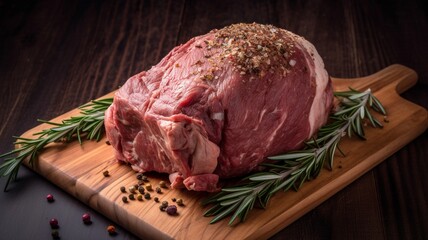 A raw leg of lamb on a wooden chopping  Generative AI