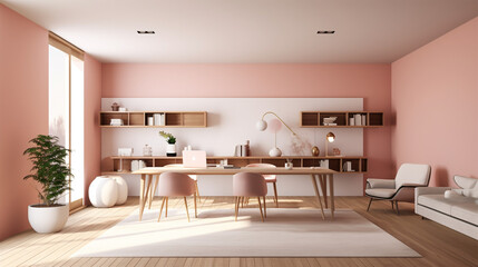 3d rendering of the room in which offices are located, in the style of minimalistic modern, white and brown, wood, contemporary faux naïf, light pink and white, salon kei, monochrome canvases