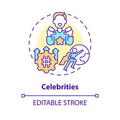 Celebrities concept icon. Famous people. Trend setter. Public relation. Opinion leader. Social media. Brand promotion abstract idea thin line illustration. Isolated outline drawing. Editable stroke
