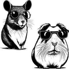 mouse and guinea pig in sunglasses. Logo vector illustration. Drawing for a tattoo. T-shirt.  Summertime
