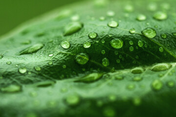 Green leaf with water drops. Freshness by water drops. Natural green texture background. Nature concept.