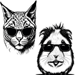 Lynx and guinea pig in sunglasses. Logo vector illustration. Drawing for a tattoo. T-shirt.  Summertime