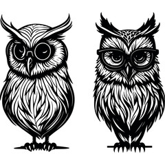 Owls in sunglasses. Logo vector illustration. Drawing for a tattoo. T-shirt.  Summertime