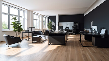 Fototapeta na wymiar a clean office decorated with black furniture and wooden flooring, in the style of contemporary conceptual, rounded, commission for, light gray, high quality photo, minimalist sets
