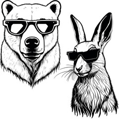 Bear and rabbit in sunglasses. Logo vector illustration. Drawing for a tattoo. T-shirt.  Summertime