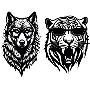 Wolf and tiger in sunglasses. Logo vector illustration. Drawing for a tattoo. T-shirt.  Summertime