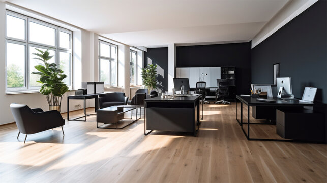 a clean office decorated with black furniture and wooden flooring, in the style of contemporary conceptual, rounded, commission for, light gray, high quality photo, minimalist sets