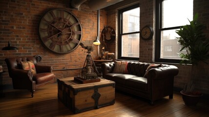 Living room decor, home interior design . Industrial Rustic style with Brick Wall decorated with Metal and Wood material . Generative AI AIG26.