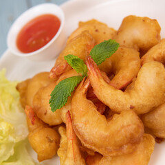 Recipe for shrimp fritters in sweet and sour sauce, High quality photo
